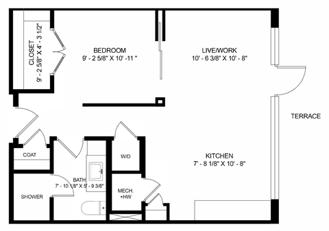 Floor plan for 1 bed, 1 bath, 653 sqft